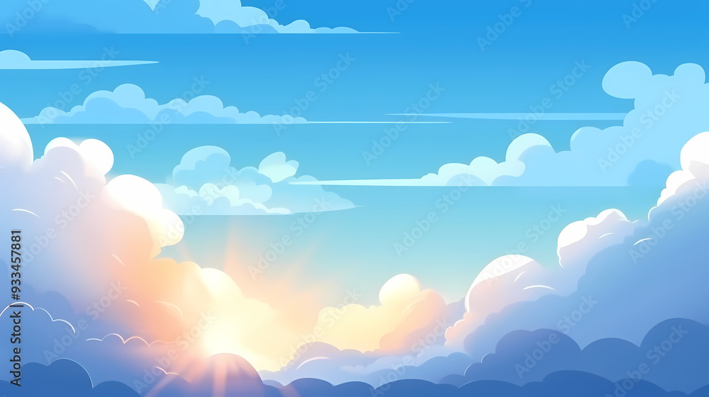 Vector evening sky clouds. Anime style background with shining sun and white fluffy clouds. Sunny day sky scene cartoon vector illustration. Vector evening sky clouds. Anime style background with shining sun and white fluffy clouds. Sunny day sky scene cartoon vector illustration.