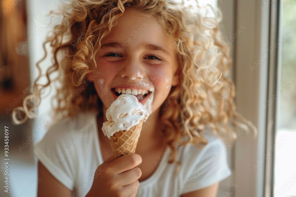 A kid enjoys a cool ice cream on a sunny day. Fresh-faced girl captures essence of delightful sunny day. Playful exuberance and heartfelt joy reflected glowing smile. A kid enjoys a cool ice cream on a sunny day. Fresh-faced girl captures essence of delightful sunny day. Playful exuberance and heartfelt joy reflected glowing smile.