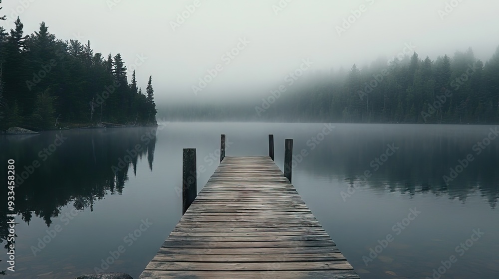 Weathered Wooden Pier Extending into a Foggy Lake with Calm Waters and Dense Forest Barely Visible in the Distance. AI generated illustration Weathered Wooden Pier Extending into a Foggy Lake with Calm Waters and Dense Forest Barely Visible in the Distance. AI generated illustration