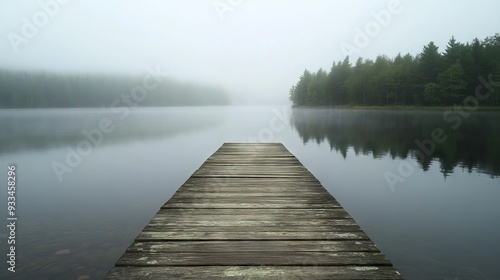 Weathered Wooden Pier Extending into a Foggy Lake with Calm Waters and Dense Forest Barely Visible in the Distance. AI generated illustration