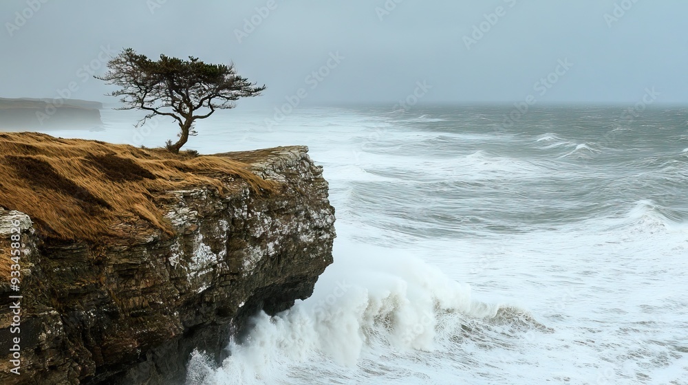Windswept Cliff Overlooking a Stormy Sea with Waves Crashing Against the Rocks and a Solitary Tree Clinging to the Edge. AI generated illustration Windswept Cliff Overlooking a Stormy Sea with Waves Crashing Against the Rocks and a Solitary Tree Clinging to the Edge. AI generated illustration