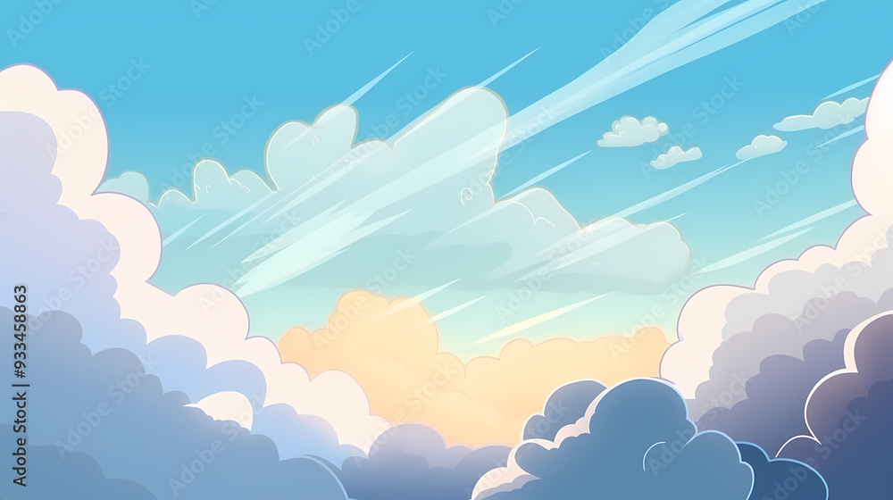 Fototapeta premium Vector evening sky clouds. Anime style background with shining sun and white fluffy clouds. Sunny day sky scene cartoon vector illustration.
