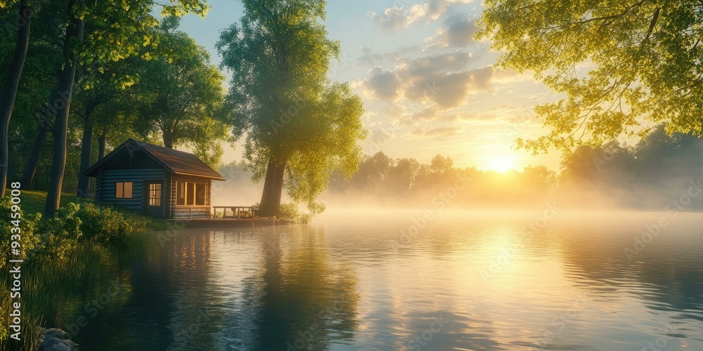 Fototapeta premium Sunrise over a lake with a cabin and fog.