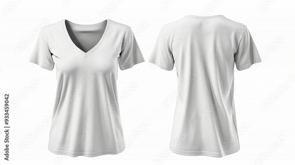 Blank white V-neck T-shirt mockup, front and back view, isolated on a white background. Blank white V-neck T-shirt mockup, front and back view, isolated on a white background.