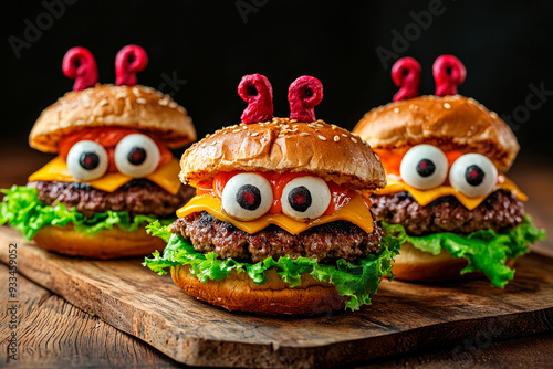 Halloween monster burger on wooden table photo