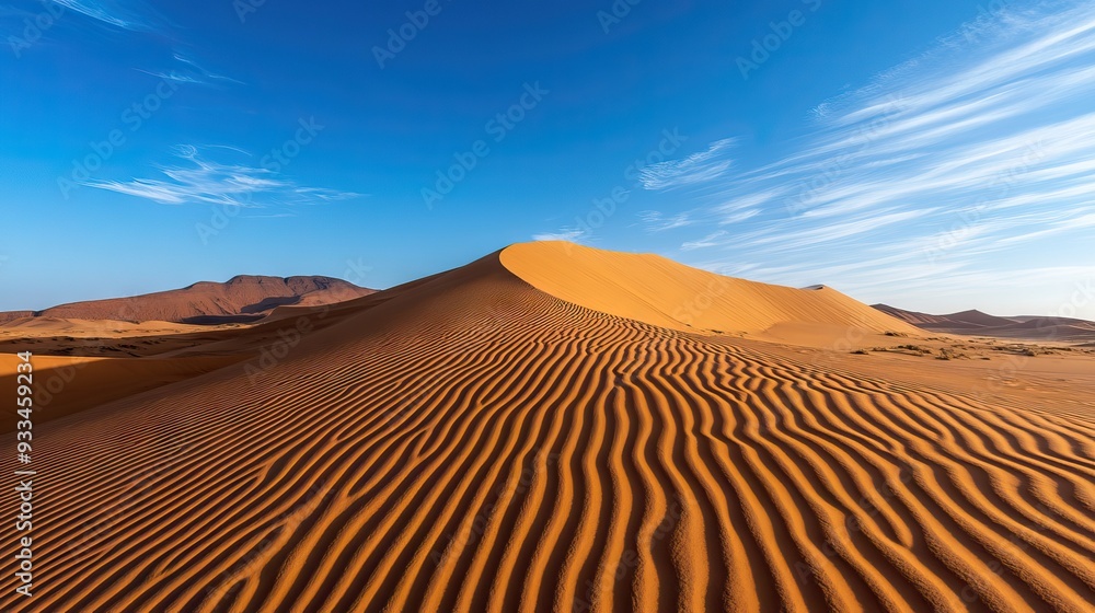 Windswept Dune Landscape with Intricate Patterns in the Sand and a Deep Blue Sky Overhead. AI generated illustration Windswept Dune Landscape with Intricate Patterns in the Sand and a Deep Blue Sky Overhead. AI generated illustration