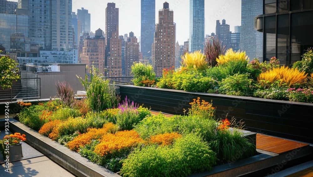 Urban rooftop garden with flowers and city skyline. Urban rooftop garden with flowers and city skyline.