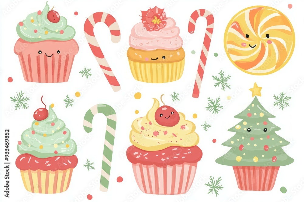 A cute set of clip art featuring different types of sweets, cupcakes and lollipops, candy canes. A cute set of clip art featuring different types of sweets, cupcakes and lollipops, candy canes.