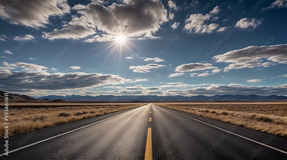 Fototapeta premium Endless Road with a Sunlit Sky, Adventure road in desert