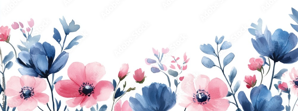 Obraz premium Floral frame border featuring blue and pink wildflowers Watercolor art suitable for various occasions such as Mother s Day weddings birthdays Easter and Valentine s Day Hand painted design