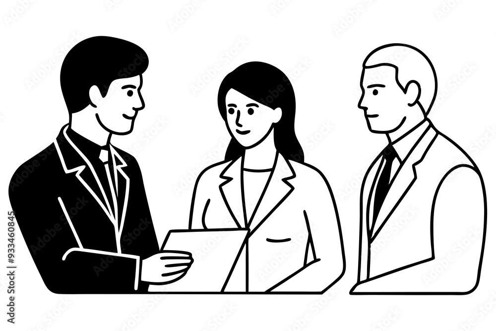 Single Line Vector Illustration Two Businessmen and Businesswoman in Dialogue with Speech Bubble art vector illustration Single Line Vector Illustration Two Businessmen and Businesswoman in Dialogue with Speech Bubble art vector illustration