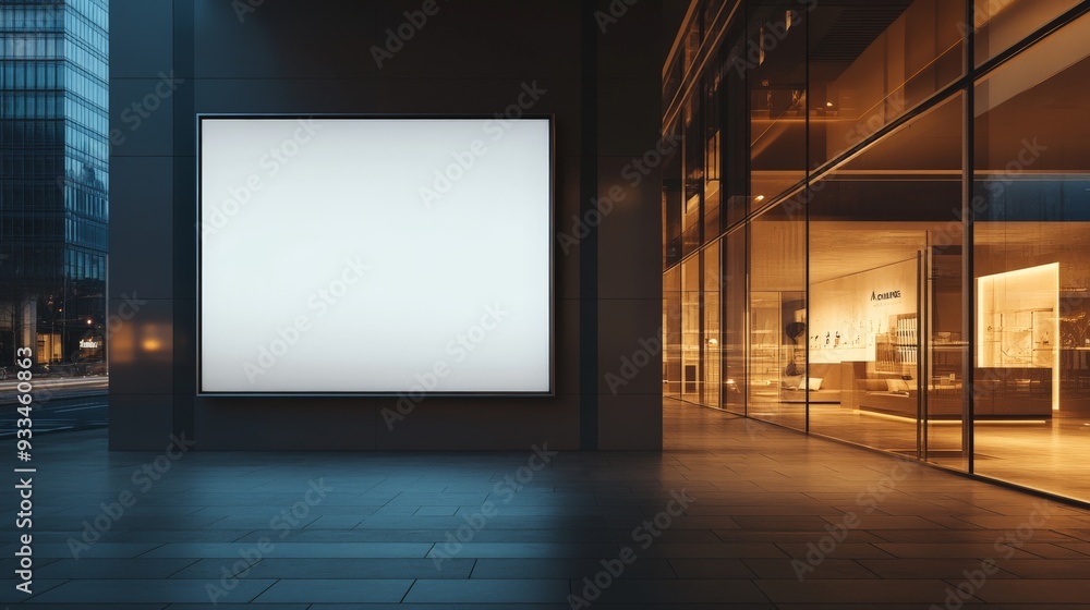 Blank Digital Billboard Display on Modern Urban Street at Night with Glass Building Blank Digital Billboard Display on Modern Urban Street at Night with Glass Building