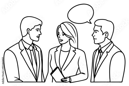 Single Line Vector Illustration Two Businessmen and Businesswoman in Dialogue with Speech Bubble art vector illustration