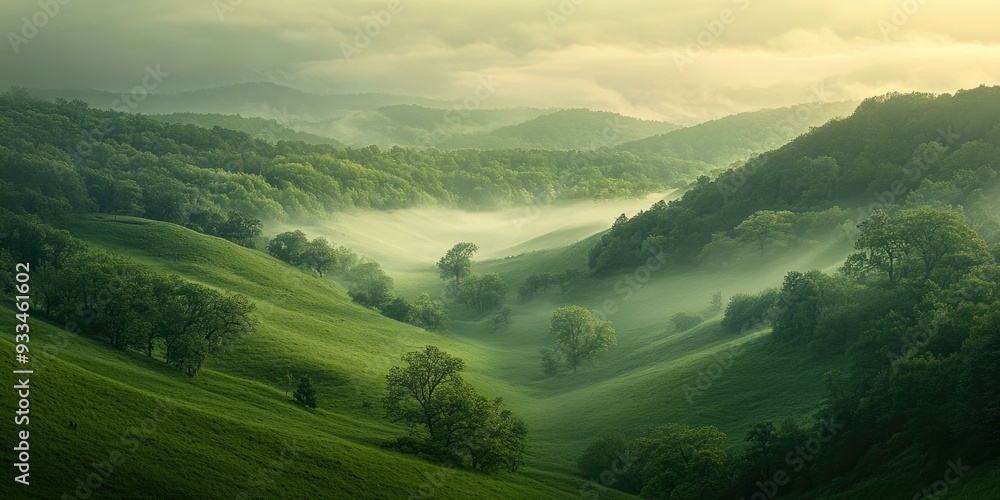Misty morning in rolling green hills. Misty morning in rolling green hills.