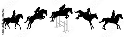 Show jumping, equestrian sports. Horse rider and horse, jumping in barrier, silhouette. Vector illustration