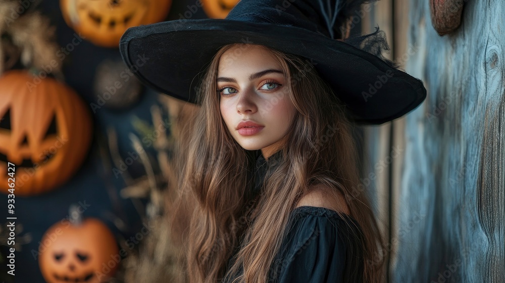 Beautiful young woman in witch costume on halloween party. Holiday event halloween banner background concept with generative ai Beautiful young woman in witch costume on halloween party. Holiday event halloween banner background concept with generative ai
