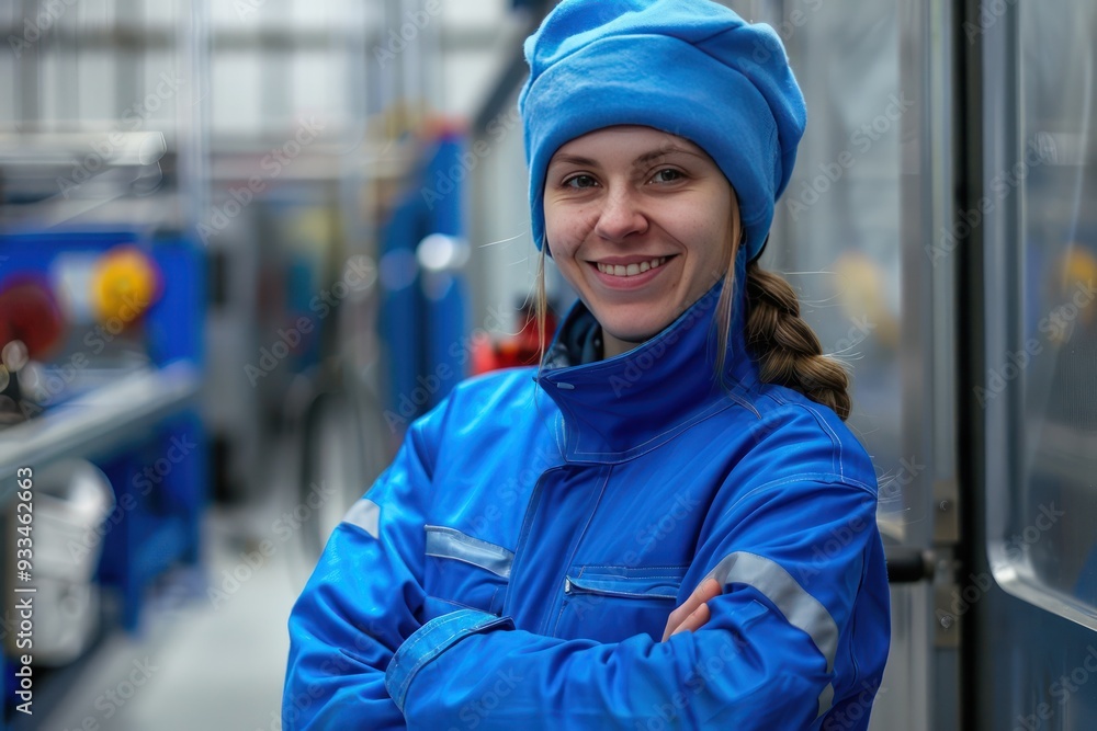 Worker in blue workwear, arms crossed, smiling, photorealism, production line background, high detail. Worker in blue workwear, arms crossed, smiling, photorealism, production line background, high detail.