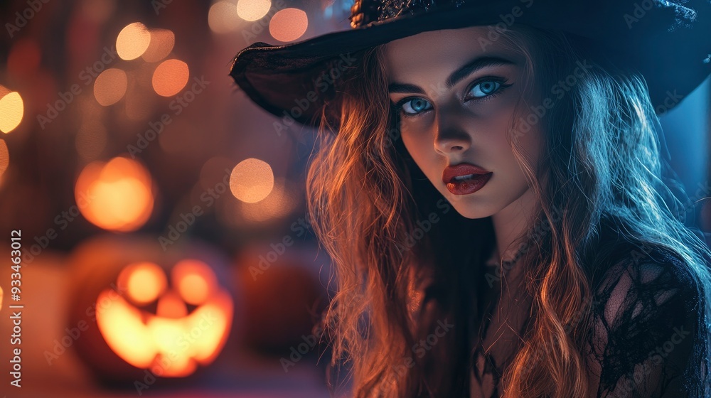 Fototapeta premium Beautiful young woman in witch costume on halloween party. Holiday event halloween banner background concept with generative ai