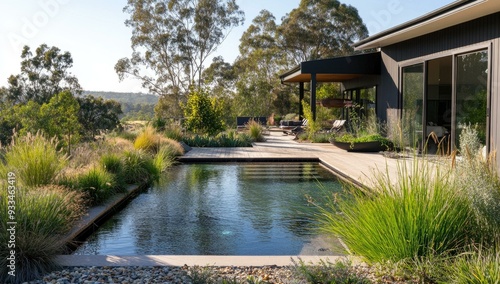 Modern home with pool, patio, and lush greenery.