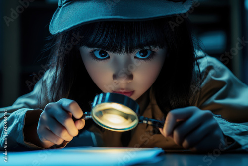 A young investigator carefully studies a clue with a magnifying glass, reflecting their keen interest in uncovering secrets and solving mysteries. photo