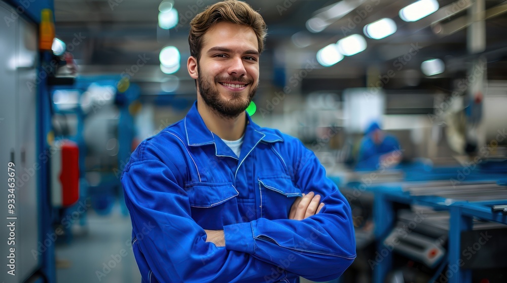Worker in blue workwear, arms crossed, smiling, production line background, photorealism, detailed. Worker in blue workwear, arms crossed, smiling, production line background, photorealism, detailed.