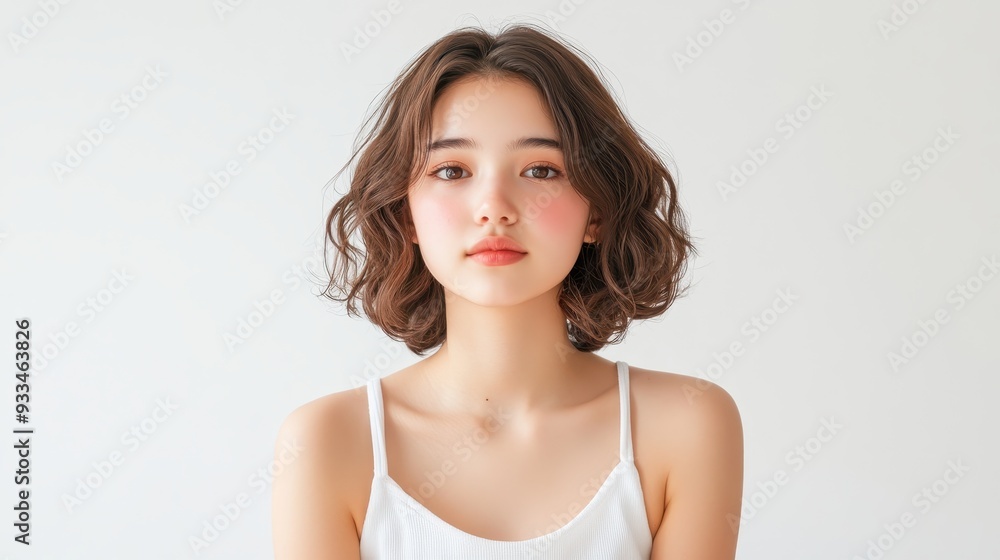 A young woman with curly hair poses gracefully against a minimalist backdrop, showcasing natural beauty and serenity. A young woman with curly hair poses gracefully against a minimalist backdrop, showcasing natural beauty and serenity.