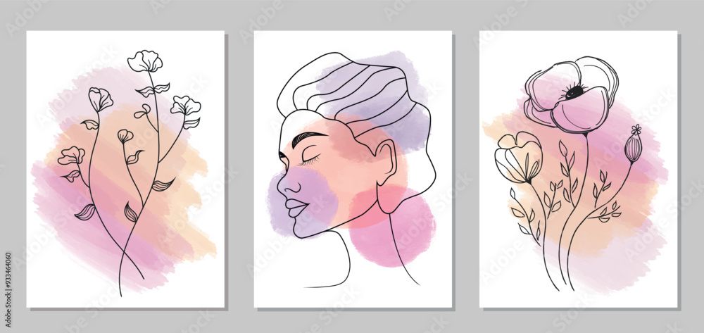 Set of Abstract flowers decorations with a woman and Watercolor shapes Set of Abstract flowers decorations with a woman and Watercolor shapes