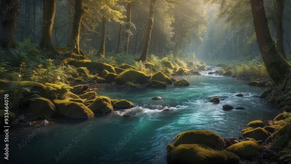 A Sunlit Stream Flowing Through A Misty Forest A Sunlit Stream Flowing Through A Misty Forest