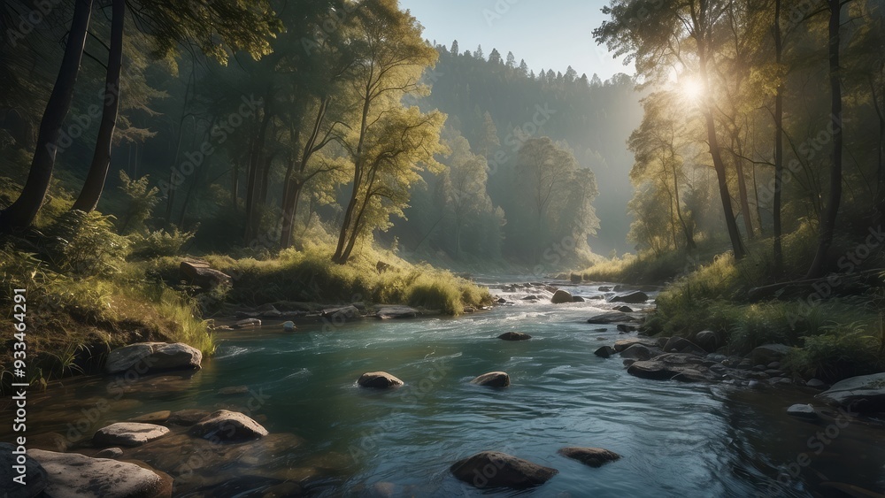 Sunlit River Winding Through a Misty Forest Sunlit River Winding Through a Misty Forest
