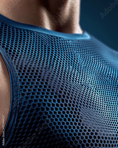 Close-up of a muscular torso wearing a breathable, mesh sports top, highlighting texture and athletic wear design.