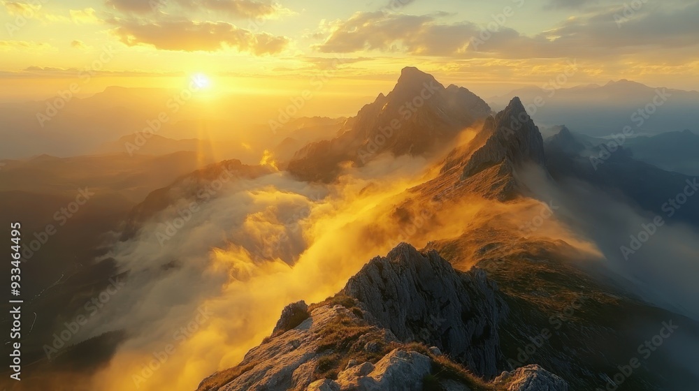 Fototapeta premium Majestic Sunrise Over Mountain Range with Misty Valleys Below