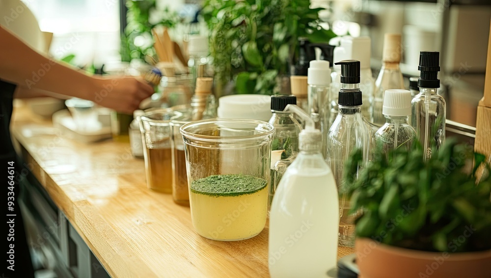 Glass bottles with liquids and plants on counter. Glass bottles with liquids and plants on counter.