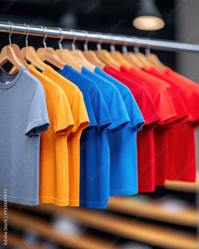 Obraz premium Colorful t-shirts displayed on hangers in a retail store, showcasing a variety of styles and vibrant hues.