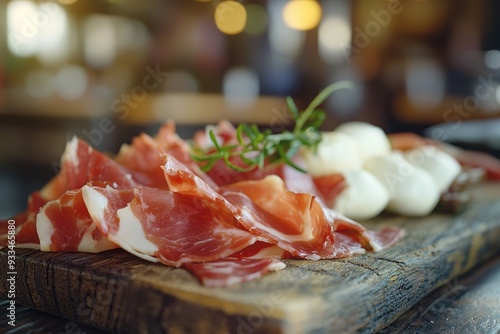 Jamon Iberico served with mozzarella and gouda cheese on a rustic wooden board. Ai generative photo