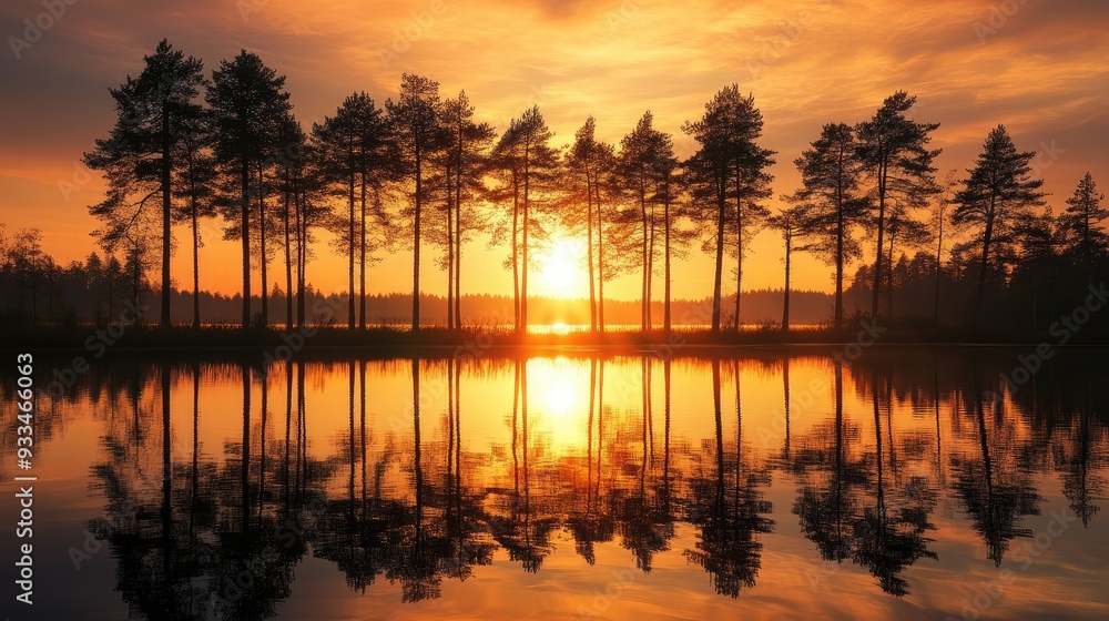 Obraz premium A tranquil lake reflects the setting sun at golden hour, with tall trees standing by the water edge, creating a serene, symmetrical scene