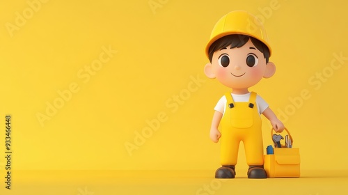 A 3D cartoon of a cute worker boy in yellow hat and overalls, holding a tool bag, against a simple solid color background.