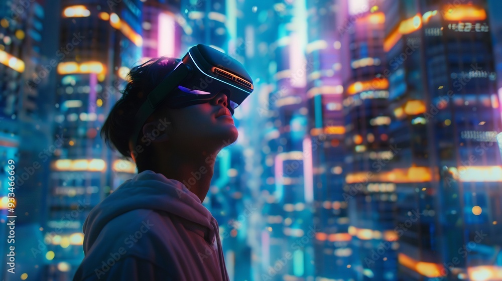Young Man Exploring Virtual Reality Cityscape Young Man Exploring Virtual Reality Cityscape