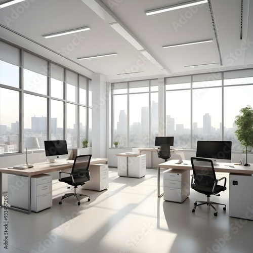 An empty light modern office interior with panoramic windows and beautiful lighting and with transparent partitions. AI generated