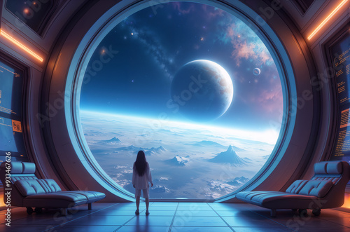 Fototapeta Naklejka Na Ścianę i Meble -  Futuristic space station with panoramic view of alien planet, serene and high-tech interior
