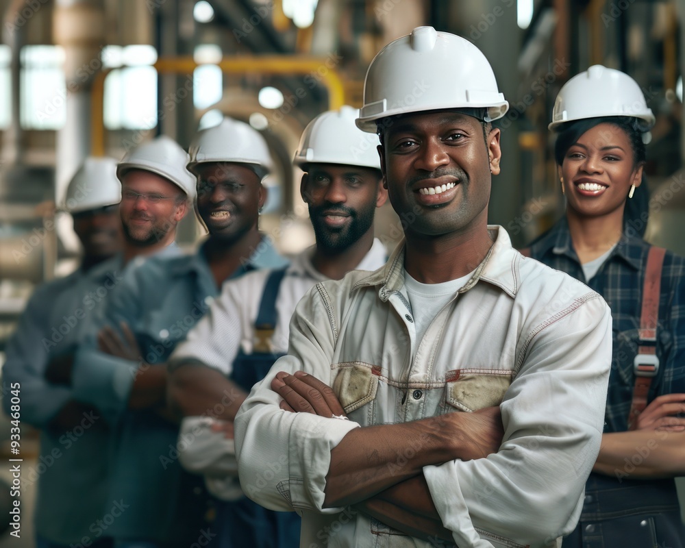 Workers with white helmets, diverse team, industrial setting, smiling, arms crossed, unity concept. Workers with white helmets, diverse team, industrial setting, smiling, arms crossed, unity concept.