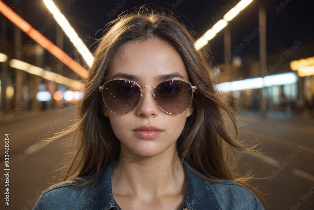 Young beautiful girl in sunglasses on dark background, close-up portrait,night city Young beautiful girl in sunglasses on dark background, close-up portrait,night city