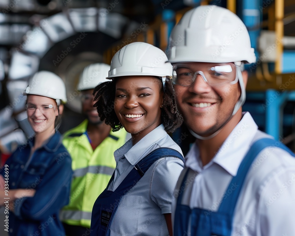 Workers with white safety helmets, diverse team, industrial factory background, smiling, unity concept. Workers with white safety helmets, diverse team, industrial factory background, smiling, unity concept.