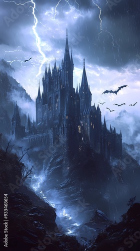 Dark medieval castle on top of the mountain, halloween background