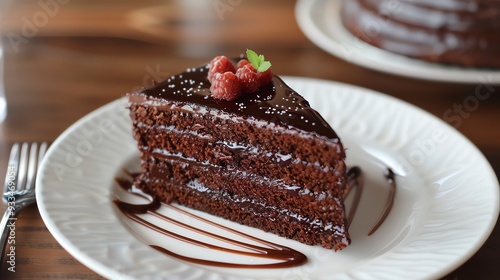 A slice of rich chocolate cake with a chocolate drizzle and raspberries on top, on a white plate.