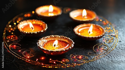 Five lit diyas on dark surface with intricate design