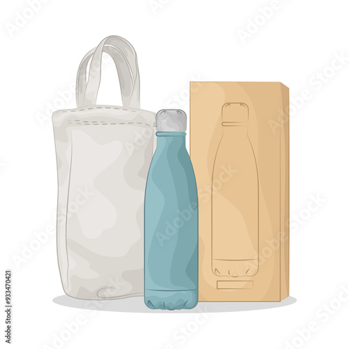 Illustration of water bottle with tote bag 