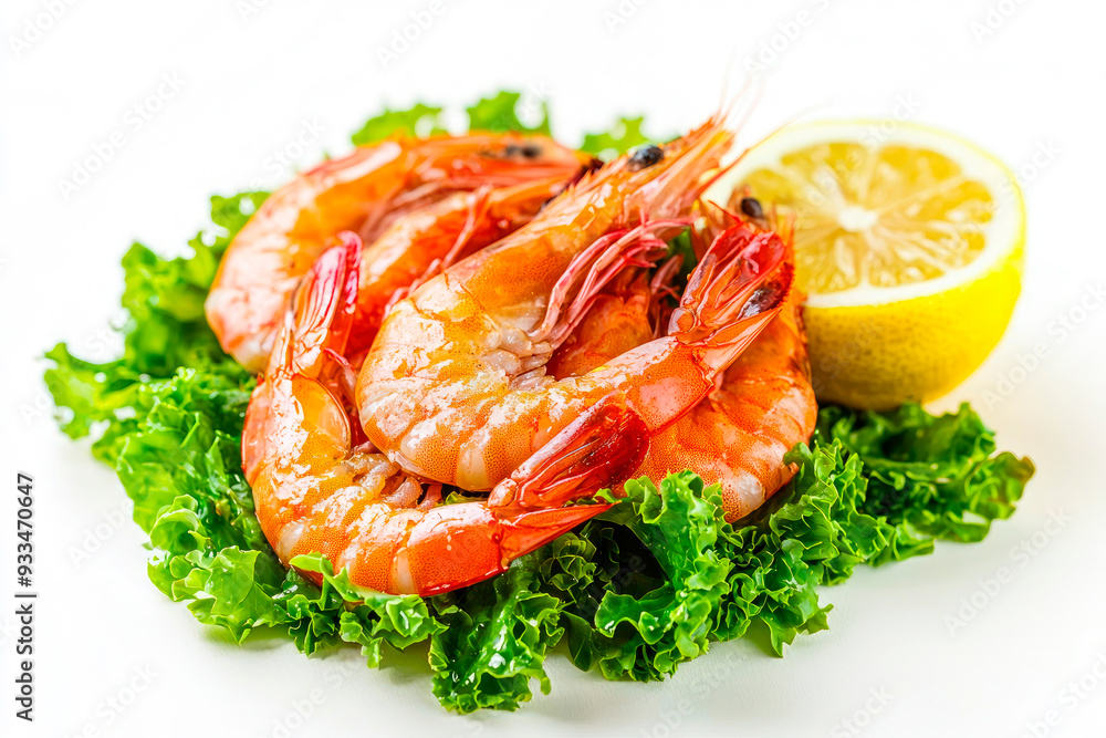 Shrimps with lettuce and lemon isolated on white background Shrimps with lettuce and lemon isolated on white background