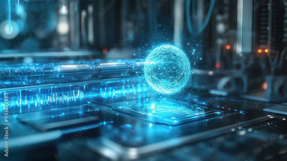 Quantum processor in action, multiple entangled particles, complex quantum waveforms, photonic computing, ultra-modern tech setup, sleek silver and blue tones Quantum processor in action, multiple entangled particles, complex quantum waveforms, photonic computing, ultra-modern tech setup, sleek silver and blue tones