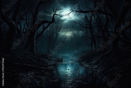 Fototapeta Naklejka Na Ścianę i Meble -  Calm swampy river among old creepy trees in dark forest at night with full moon. Scary Halloween concept. Dark and mysterious background for banner, poster, wallpaper