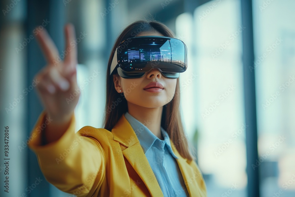 Business female wearing makes gestures with augmented reality headset, digital management concept with generative ai Business female wearing makes gestures with augmented reality headset, digital management concept with generative ai